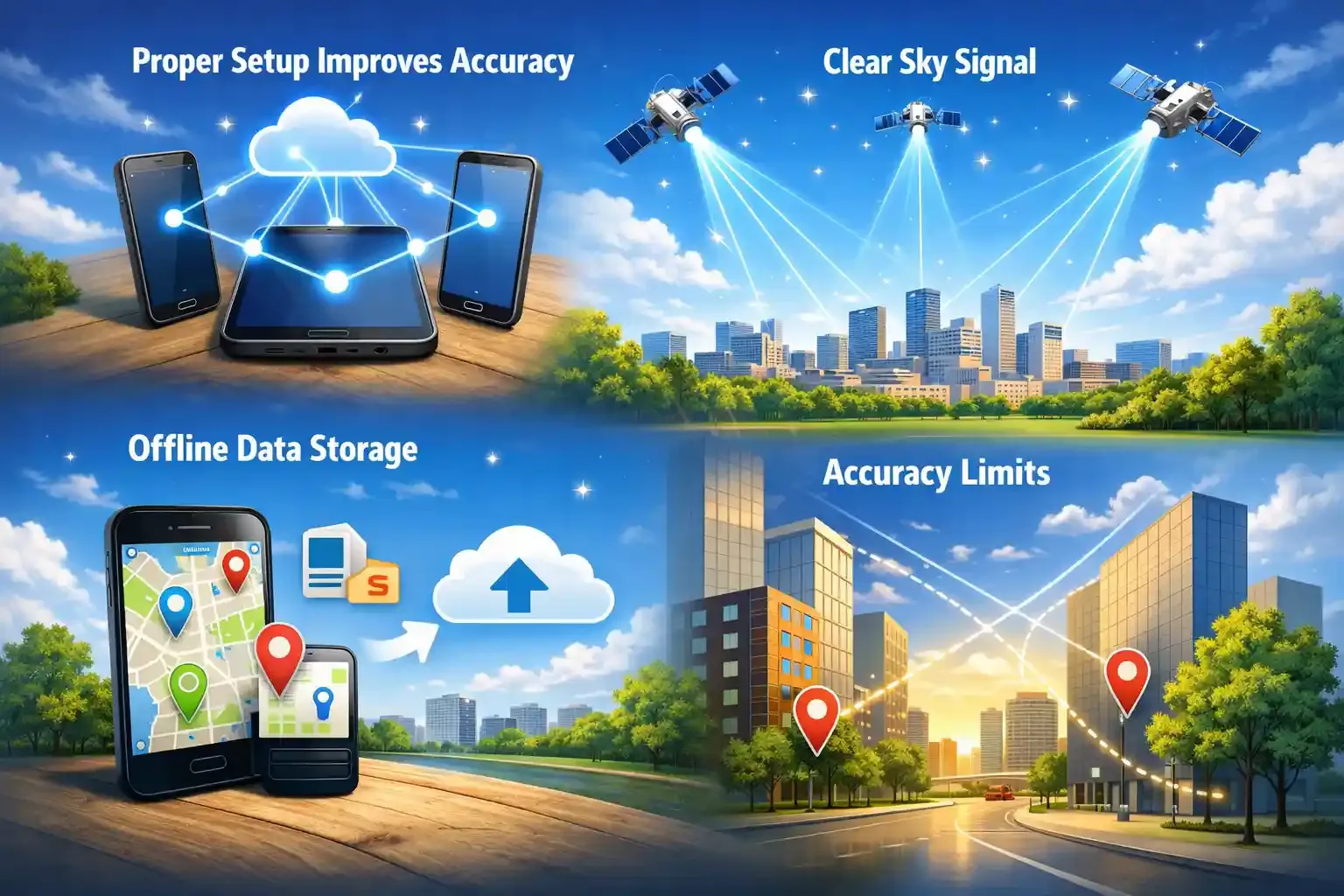 Infographic showing GPS tracking setup, clear sky, offline storage, and accuracy limits.